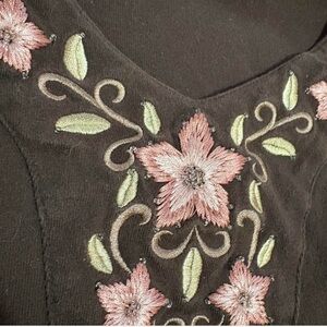 Brown Floral Embroidered Rhinestone 3/4 Sleeve Shirt